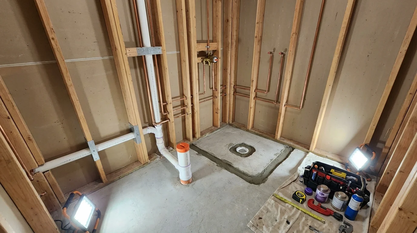 Bathroom rough-in plumbing during remodel by Johns Plumbing LLC in Towanda