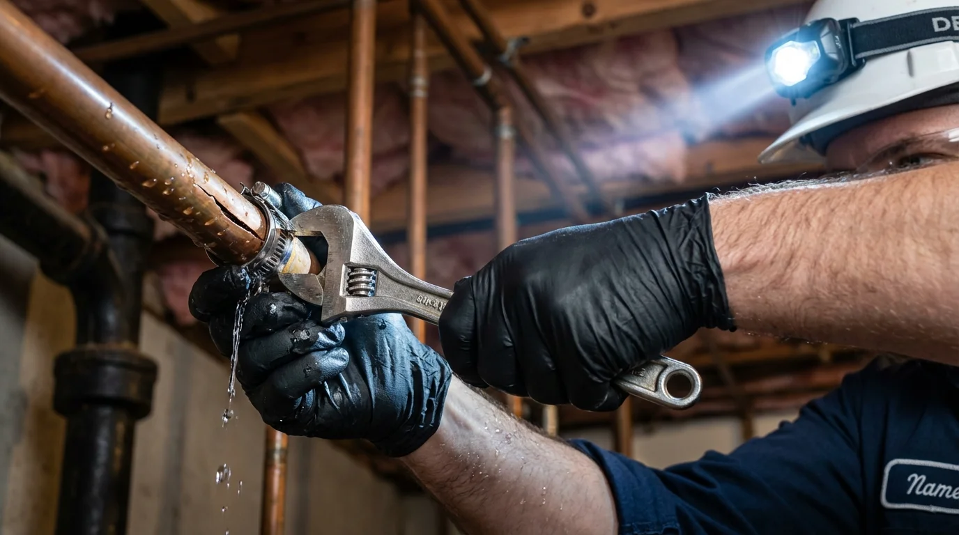 Emergency pipe clamp repair being performed by a Johns Plumbing LLC plumber in Towanda