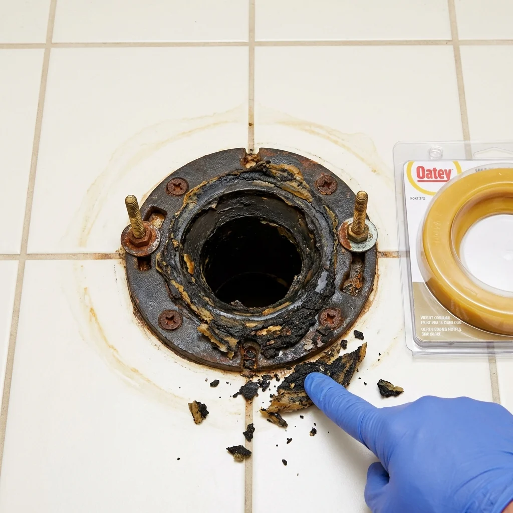 Failed wax ring showing water seepage at the base of a toilet in a Towanda, PA home