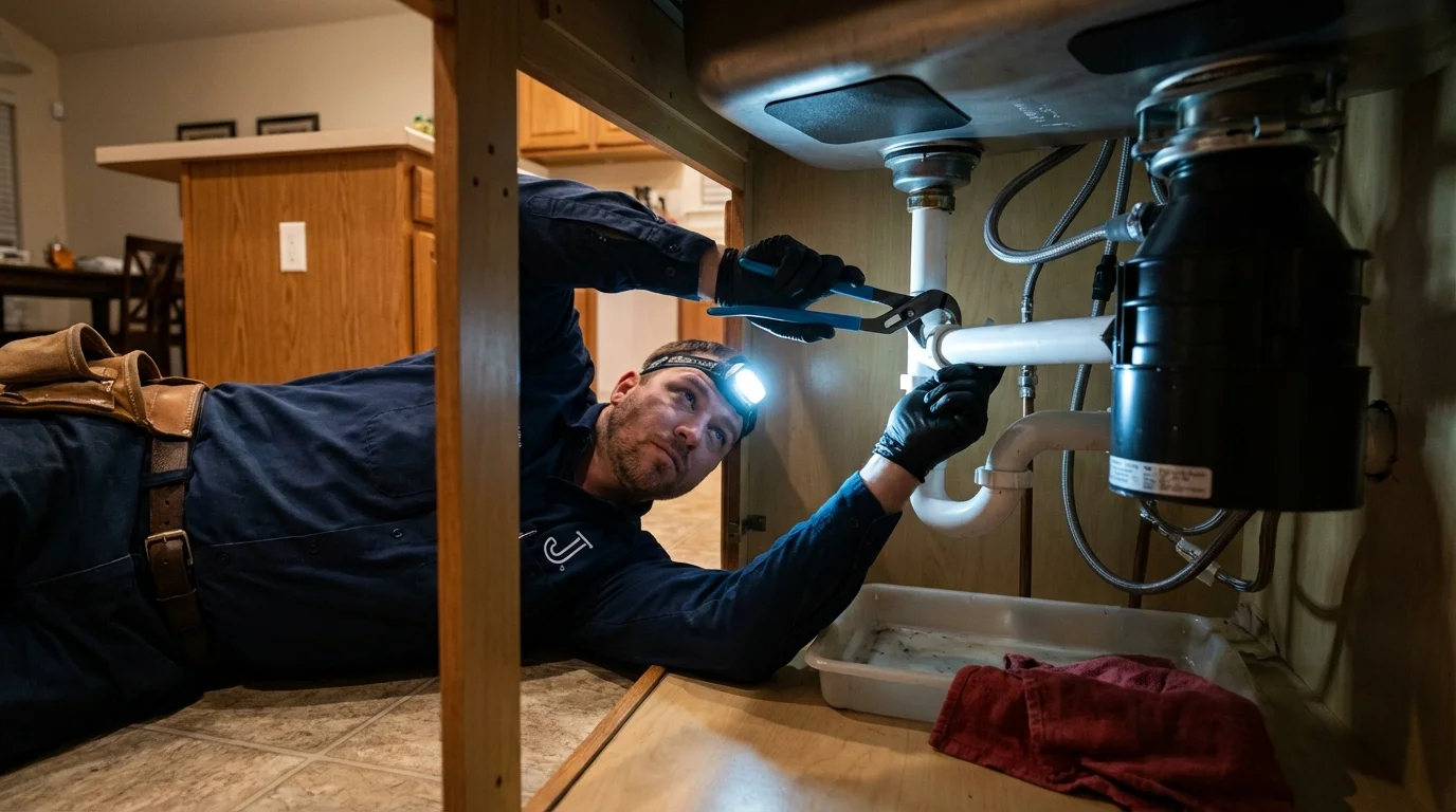 P-trap and supply line connections under a kitchen sink showing a common leak point in Towanda, PA